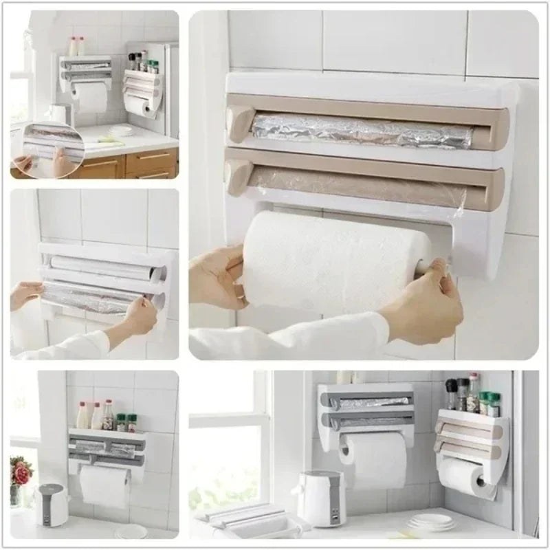 Organizador de Rolos™ Com Suportes e Cortador Integrado / Organização e Praticidade Sem Furos na Sua Cozinha!