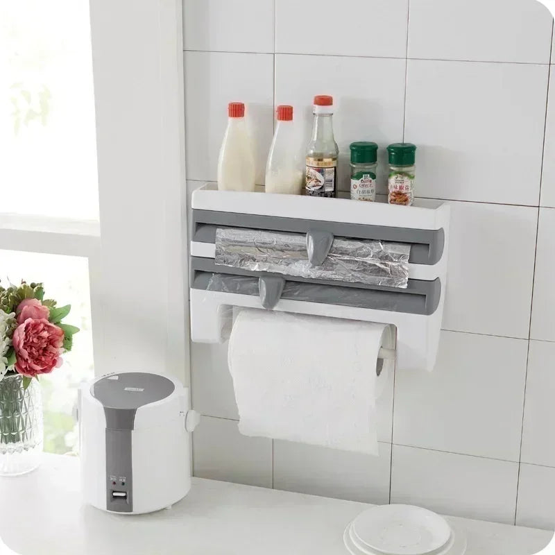 Organizador de Rolos™ Com Suportes e Cortador Integrado / Organização e Praticidade Sem Furos na Sua Cozinha!