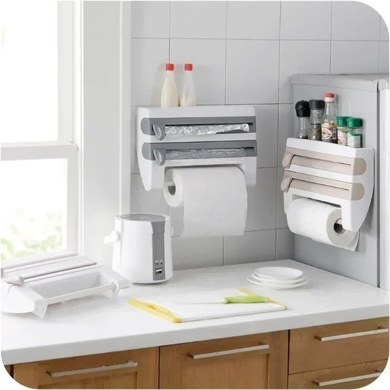 Organizador de Rolos™ Com Suportes e Cortador Integrado / Organização e Praticidade Sem Furos na Sua Cozinha!